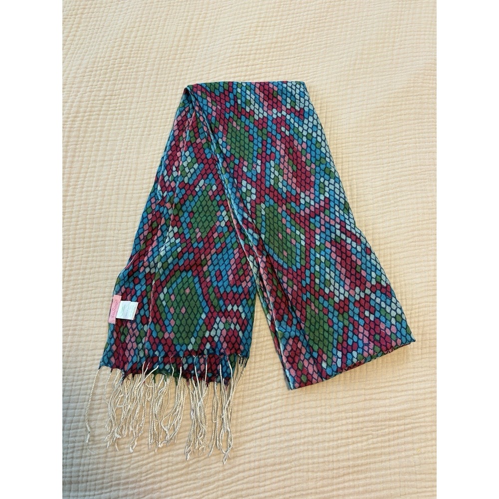 Lilly Pulitzer Silk Cashmere Scarf Blue Pink Green Fringe Geometric‎ Lightweight